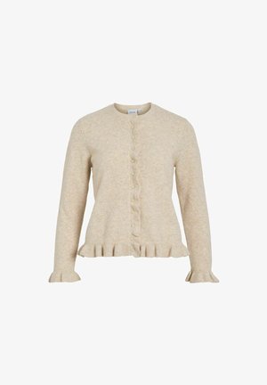 Cardigan tricoté beige à manches longues, avec ourlet ondulé et fermeture à boutons. Texture douce avec un motif subtil tout au long.