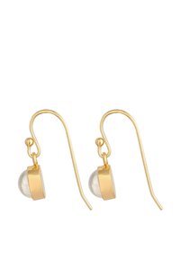 Goldfarbene Ohrringe in Tropfenform mit einer runden, klaren Perle, die in einer kreisförmigen goldenen Fassung eingelegt ist, und einem stabilen Haken zur Befestigung.