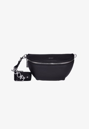 Borsa a spalla in pelle nera con forma arrotondata, zip argento e dettagli con logo. Include una tracolla staccabile con fibbia.