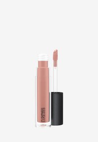 Lipglass MAC dans un tube transparent, présentant un liquide rose clair et un applicateur noir avec un embout texturé pour une application facile.