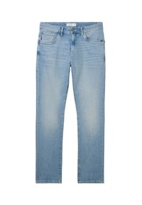 Hellblaue Jeans aus Denim mit geradem Schnitt, fünf Taschen, Knopfverschluss und subtilen Verblassungen.
