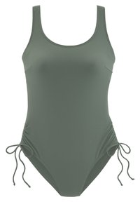 Maillot de bain une pièce vert olive avec un motif texturé en honeycomb. Dispose de liens latéraux ajustables pour un ajustement personnalisé. Bretelles de style débardeur classique.