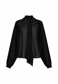 Blouse noire en tissu lisse, dotée d'un col montant, de manches longues et d'un détail à nouer à l'avant. Texture douce avec des épaules froncées.