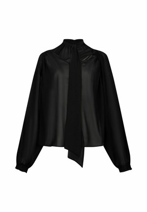 Black blouse made of smooth fabric, featuring a high neck, long sleeves, and a tie detail at the front. Soft texture with gathered shoulders.