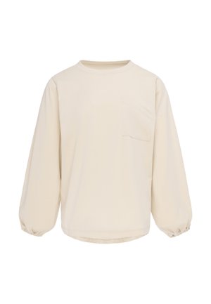 Beige langærmet skjorte med rund halsudskæring, elastiske manchetter og en enkelt brystlomme, vist på en hvid baggrund.