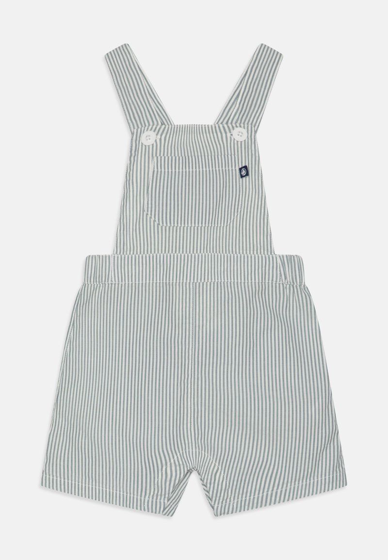 Svītraini kopējie zili un balti, izgatavoti no kokvilnas, ar pielāgojamām siksnām, priekšējo kabatu un spiedpogām.