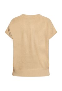 Maglione beige a coste con maniche corte, scollo rotondo e vestibilità rilassata. Tessuto strutturato con una finitura liscia e morbida.
