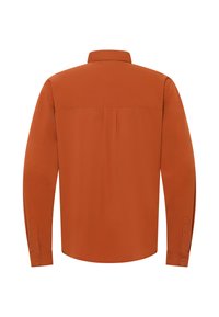 Langarmshirt in verbrand oranje, gemaakt van een gladde stof. Beschikt over een klassieke kraag, knoopmanchetten en een rugplooi voor extra structuur.