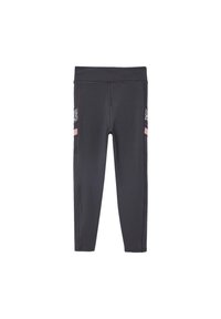 Dark gray leggings with a fitted design, featuring pink accents and mesh pockets. Smooth texture with contrast stitching along the seams.