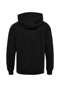Sudadera negra con una capucha grande, diseño estructurado, puños acanalados y un dobladillo acanalado. Fabricada con una tela suave de textura lisa.