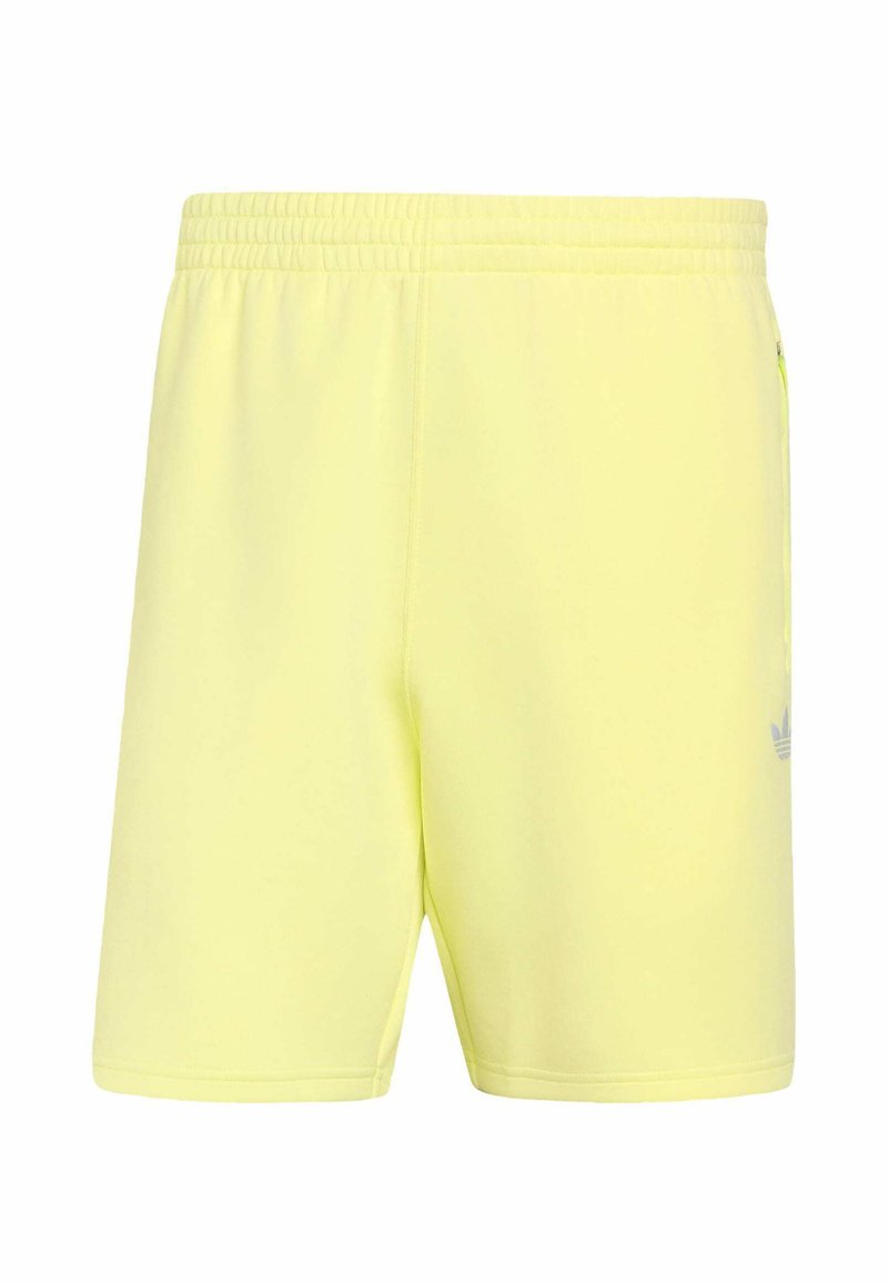 Bright yellow athletic shorts with an elastic waistband and side pockets, featuring a small Adidas logo on the right leg.