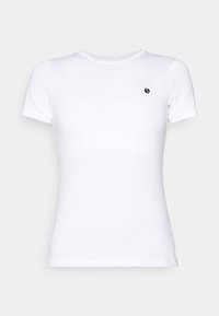 T-shirt blanc à manches courtes en tissu lisse avec un petit logo noir sur la poitrine gauche. Encolure classique et design ajusté.