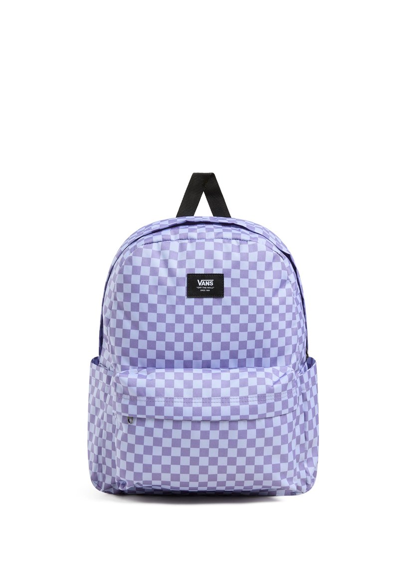 Purple checkered backpack with a front pocket, made of fabric, featuring a black logo patch and a black top handle for carrying.