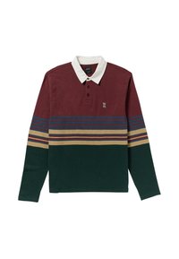Camiseta polo de manga larga con un cuerpo burdeos, cuello blanco y rayas horizontales en azul, amarillo y verde. Presenta un logo en el pecho.
