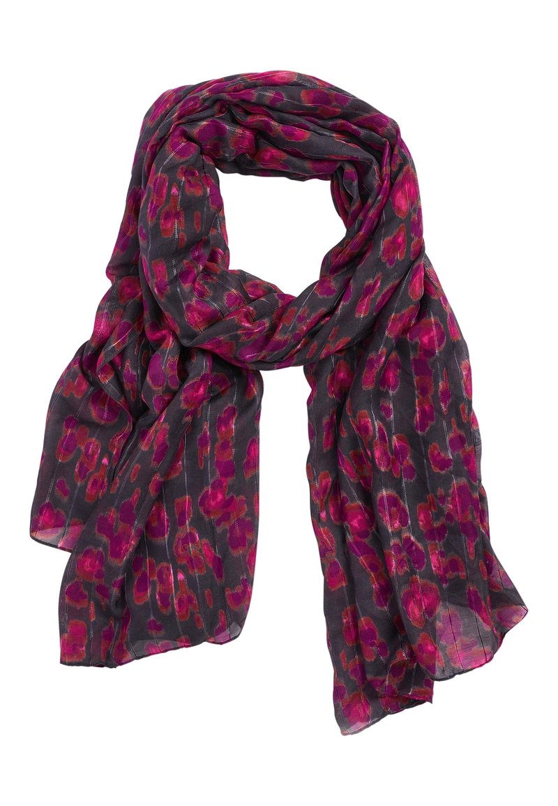 Écharpe transparente avec une base gris foncé ornée de motifs floraux vibrants en rose et rouge, en tissu doux et léger.