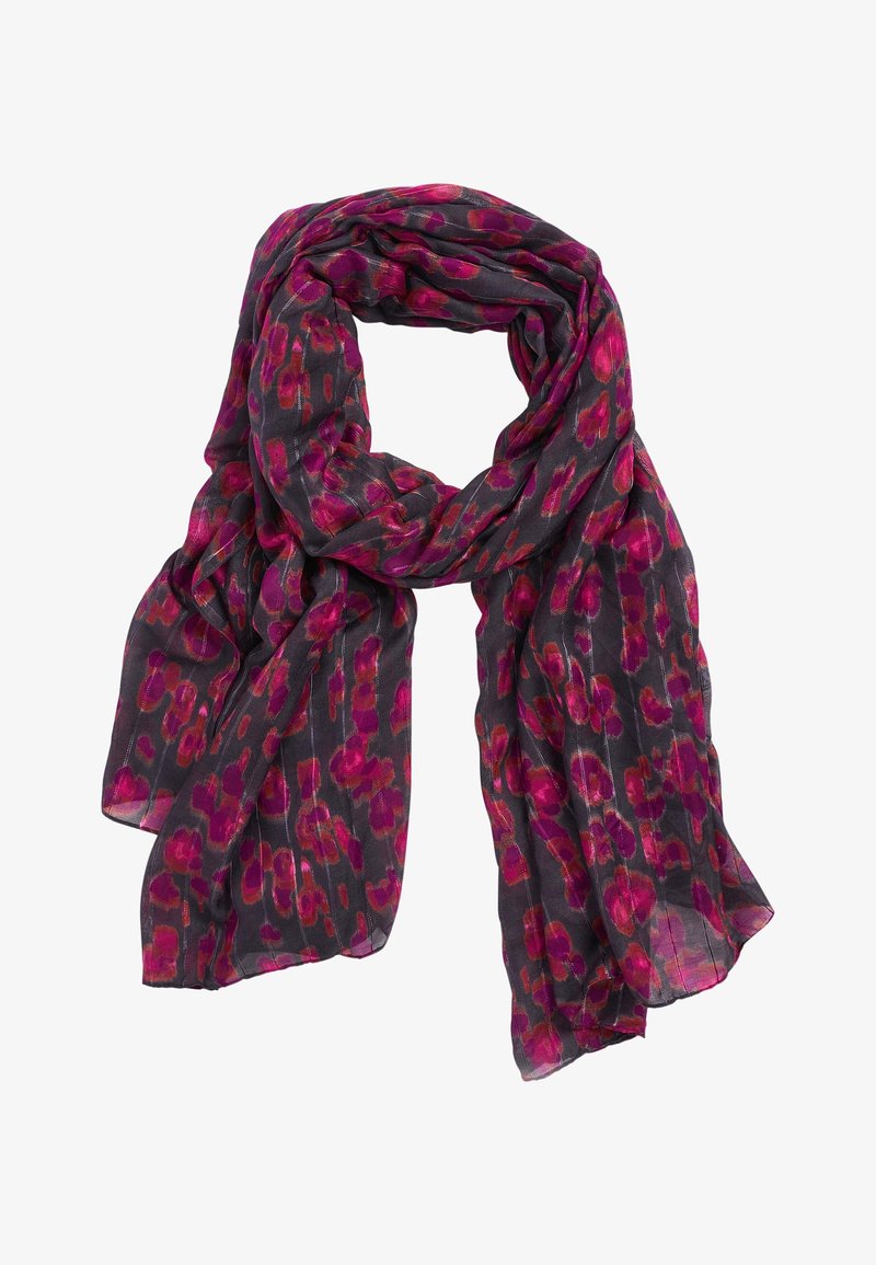 Écharpe transparente avec une base gris foncé ornée de motifs floraux vibrants en rose et rouge, en tissu doux et léger.