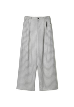 Gray pinstriped wide-leg trousers with a pleated front, featuring a single black button and a zipper closure. Soft fabric texture.