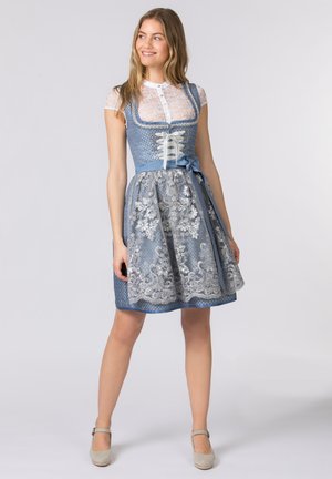 Blue dirndl dress with lace bodice and floral embroidery on the skirt, featuring a ribbon tie and short puff sleeves. Textured fabric.