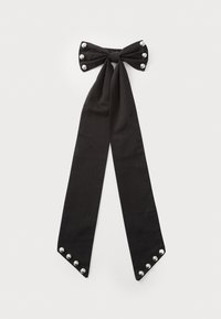 Black ribbon choker with a bow design and satin texture. Features metallic pearl accents along the edges of the ties.
