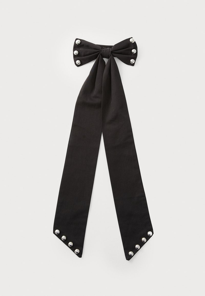Black ribbon choker with a bow design and satin texture. Features metallic pearl accents along the edges of the ties.