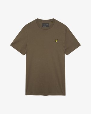 Olive green cotton t-shirt with short sleeves, round neckline, and a small yellow bird logo on the left chest. Smooth texture, casual design.