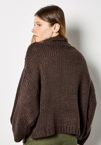 Przesadnie dużym brązowym swetrem dzianinowym z wysokim kołnierzem, fakturowaną grubą przędzą, prążkowanym dołem i luźnymi rękawami. Tylny widok ukazuje swobodny krój i szczegóły szycia.