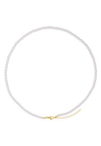 White pearl necklace with a gold clasp, featuring a delicate chain extension for adjustability, smooth texture and uniform bead shape.