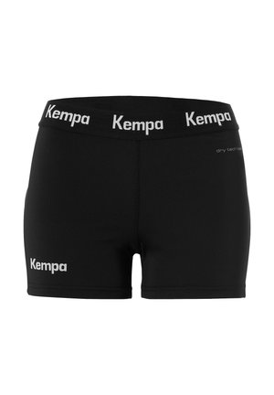 Shorts de sport noirs avec taille élastique, ornés du logo "Kempa" répété en blanc, et du texte "dry tech base" sur la hanche droite.