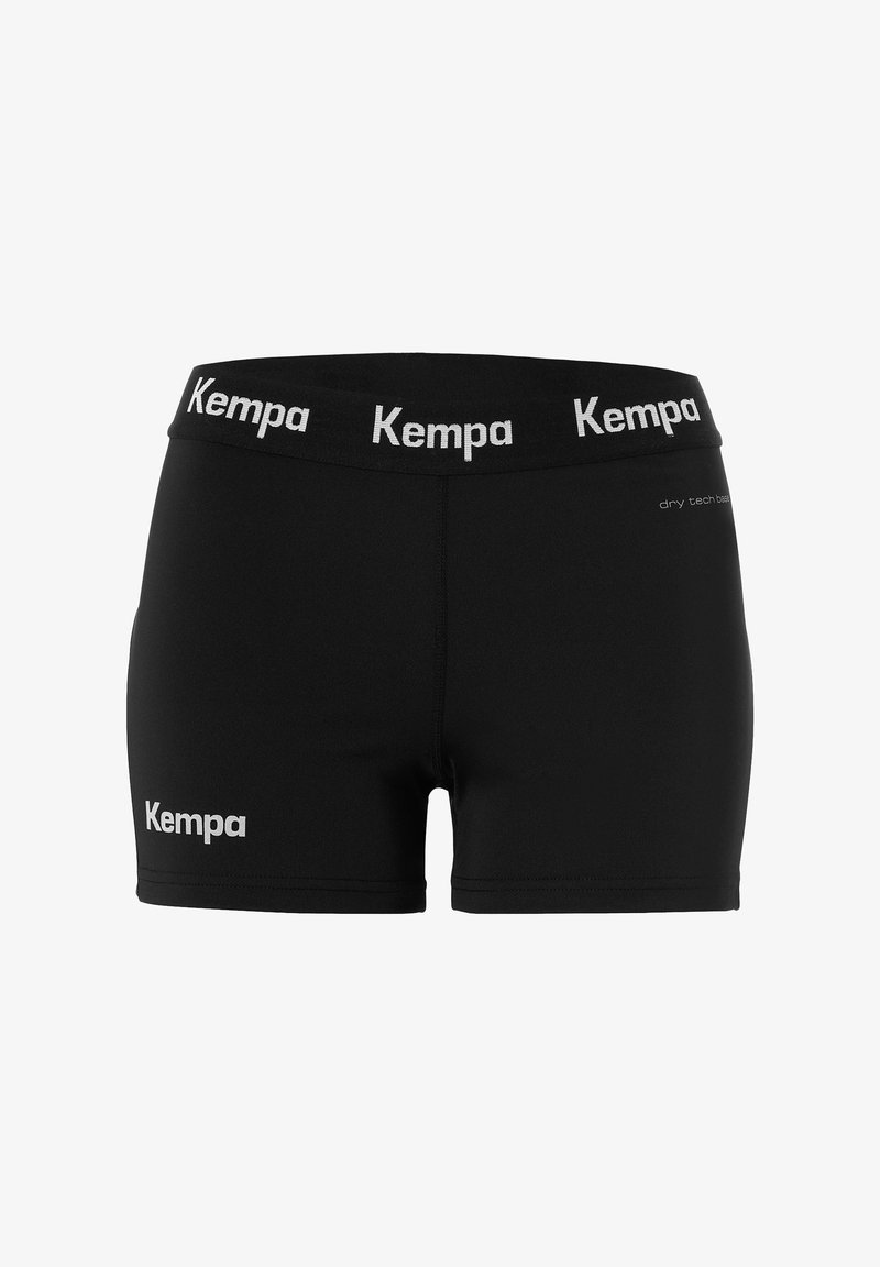 Black sports shorts with elastic waistband featuring repeated "Kempa" logo in white, and "dry tech base" text on the right hip.