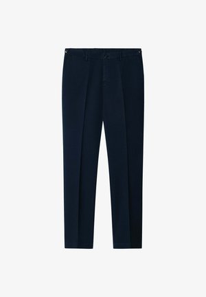 Tummansiniset housut, jotka on valmistettu sileästä kankaasta. Vaatteessa on kaksi etutaskua, vetoketjusuljenta ja tuftattu etuosasuunnittelu, joka antaa pukuhenkisen ilmeen.