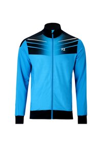 Blå atletisk jacka med hög krage, svarta detaljer och vita randinformationer. Har en framzipper och texturerad tyg.