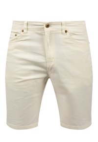 Beige bomullsshorts med rett snitt, med glidelås, knappelukking og fem lommer. Glatt tekstur og minimalistisk design.