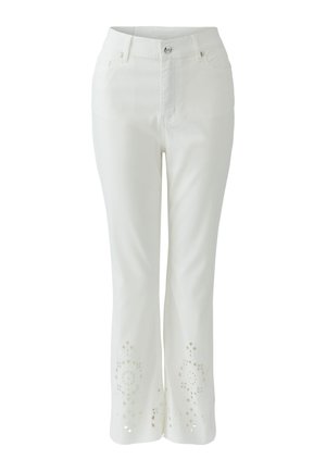 White straight-leg pants with belt loops, button closure, and decorative cut-out patterns near the hem on both legs.