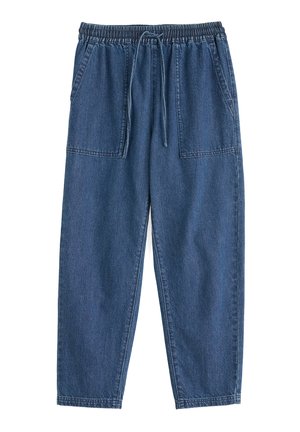Blauwe denim broek met elastische tailleband en koord, voorzien van grote voorzakken en rechte pijpen.