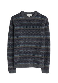 Vīriešu ilgais piedurkņu džemperis ar daudzkrāsainām horizontālām svītrām pelēkā, zila, brūna un tumši sarkana tonī.