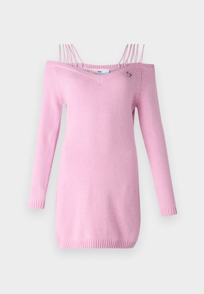 Pink knitted sweater dress with off-the-shoulder design, long sleeves, ribbed cuffs, V-neckline, and decorative hardware on the neckline.