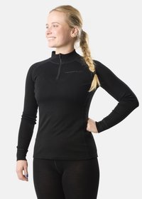 Black long-sleeve garment with a quarter zip and fitted design. Smooth texture with a logo on the chest, paired with black leggings.