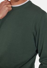 Maglione verde a maglia con colletto rotondo e polsini a coste, caratterizzato da una texture liscia e un design minimalista.