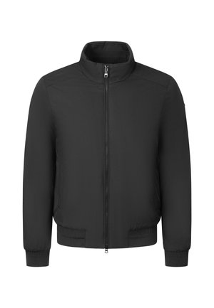 Schwarze Jacke mit Reißverschluss, Stehkragen, langen Ärmeln, elastischen Bündchen und Saum, dargestellt auf weißem Hintergrund.