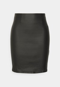 Zwarte kokerrok van satijnachtig materiaal, met een gladde textuur, aangesloten pasvorm en een eenvoudige tailleband zonder zichtbare patronen.