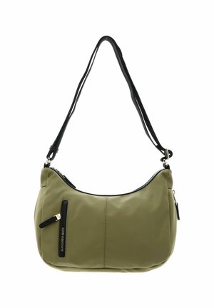 Sac hobo vert olive à porter à l'épaule avec bandoulière noire réglable et poche zippée verticale sur le devant, coutures minimales et quincaillerie argentée.