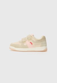 Adidași cu velcro, cu un design bej și roz deschis. Prezintă materiale din suede și sintetice, vârf rotunjit și o talpă căptușită.