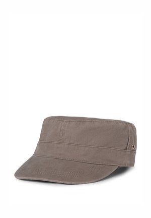 Gray cotton cap with a flat brim, structured shape, two horizontal seams on the front band, and a small metal eyelet for ventilation.