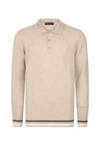 Beežist kedratud polo-sviiter, millel on tekstureeritud muster, kolme nööbiga avamine ja pruunide ning kreemjate triipudega varrukaääred. Pika varrukaga disain.