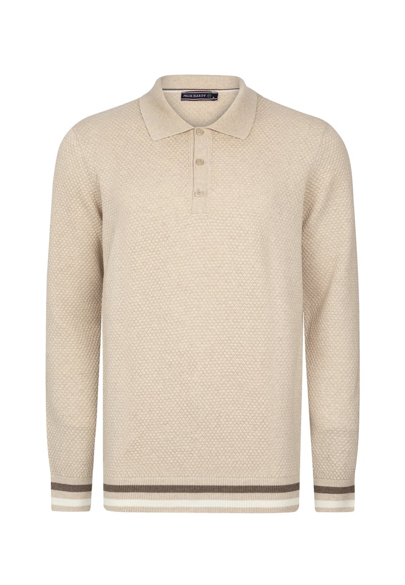 Beežist kedratud polo-sviiter, millel on tekstureeritud muster, kolme nööbiga avamine ja pruunide ning kreemjate triipudega varrukaääred. Pika varrukaga disain.