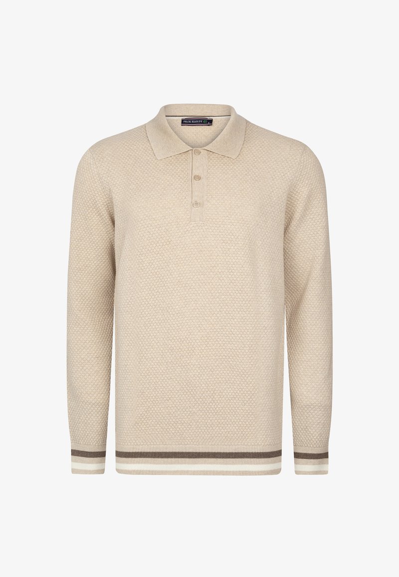 Béžový pletený polo svetr s texturovaným vzorem, s tříknoflíkovou légou a pruhovanými manžetami v hnědé a krémové barvě. Design s dlouhým rukávem.