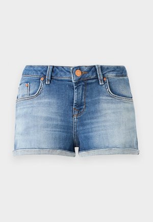Denim blauwe shorts met omgeslagen zomen, knoop- en ritssluiting aan de voorkant, riemlussen en voorzakken inclusief een muntenzakje.