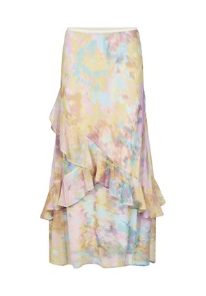 Floral-patterned, tiered skirt in pastel shades of yellow, pink, and blue. Made from lightweight fabric with ruffled accents along the hem.