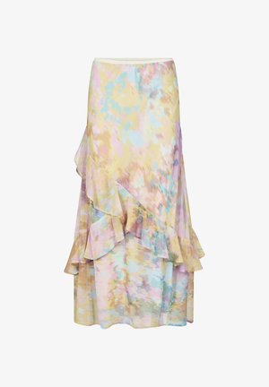 Fustă în straturi cu model floral în nuanțe pastelate de galben, roz și albastru. Confecționată dintr-un material ușor, cu accente volanate de-a lungul tivului.