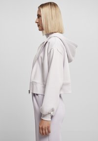 Kuttet, lys lavendel hettegenser med glidelås foran, store ermer og kengurulomme. Glatt stoff og avslappet passform.